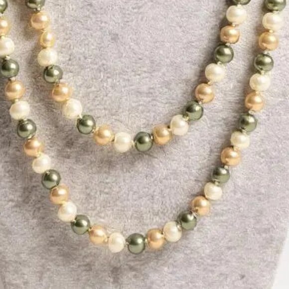 Multi Green And Gream Glass Faux Pearl Long Necklace Earring Set - Picture 2 of 2